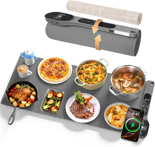 Vista 10 de Nuevo Tapete de Calentamiento de Alimentos con Cargador Inalámbrico, 34"x15" Extra Grande Enrollable Calentador de Alimentos, Tapete