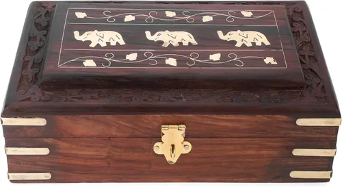 Vista 2 de Ajuny Joyero de madera de 8 x 5 Diseño de elefante hecho a mano con incrustaciones de latón, organizador de recuerdos y baratijas decorativo