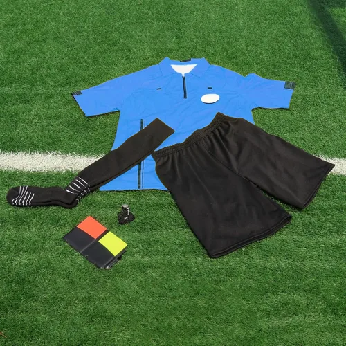 Vista 3 de VKT Kit de árbitro de fútbol, camiseta de árbitro de fútbol, pantalones cortos, calcetines de referencia, silbato, tarjeta roja y amarilla