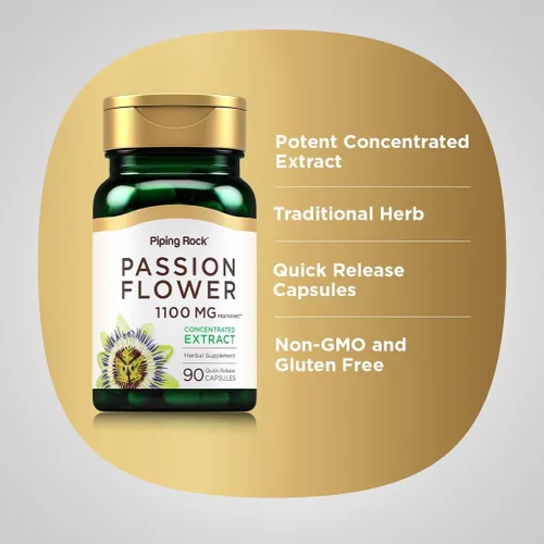 Vista 4 de Passion Flower 1100 mg 90 cápsulas de liberación rápida Sin OMG, sin gluten Por Piping Rock Sin OMG, sin gluten