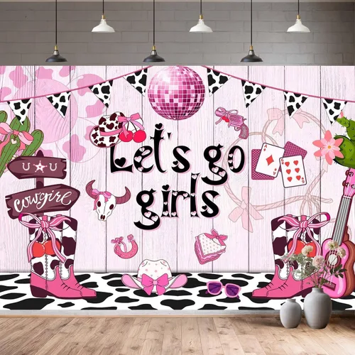 Vista 4 de Fondo de vaquera rosa de 5 x 3 pies con estampado de vaca disco occidental para niñas, cumpleaños, despedida de soltera, adolescente, decoración
