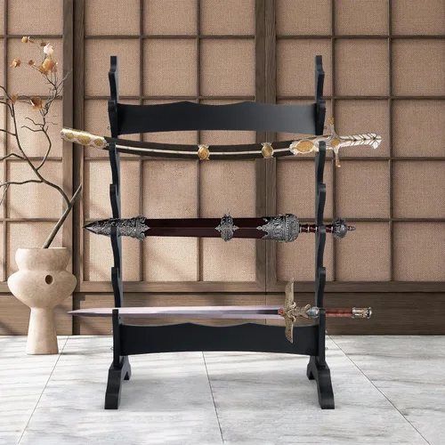 Vista 3 de lukar Soporte de espada de 6 niveles, soporte de exhibición de espadas multicapa, estante de madera para espadas, soporte de piso grande para Katana