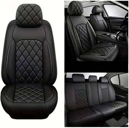 Vista 4 de Juego completo para 5 asientos, protectores de asiento de coche impermeables, transpirables, antideslizantes, de cuero, ajuste universal, para Negro