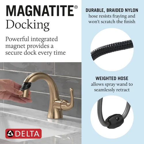 Vista 3 de Delta Arvo Grifo de Baño de Oro Cepillado de 1 Agujero con Rociador, Grifo de Lavabo de Baño de Un Solo Agujero con Rociador Extraíble para Tocador