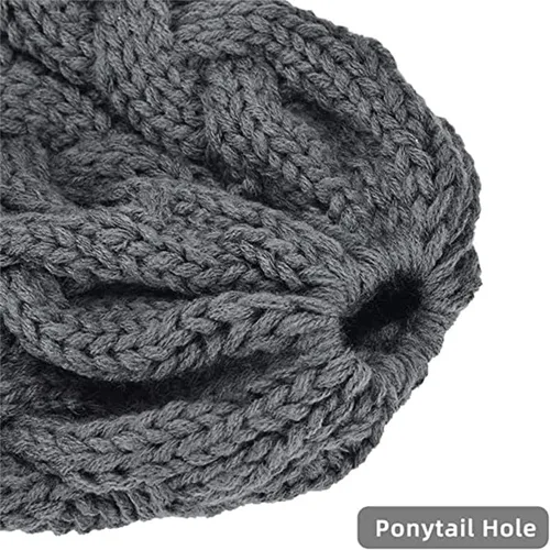 Vista 4 de Rosoz Gorro de cola de caballo para mujer, gorro cálido de invierno, suave, elástico, de punto trenzado, para moño alto