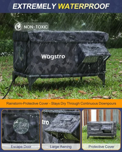 Vista 2 de Casa climatizada para gatos para exteriores, casa aislada a la intemperie para gatos al aire libre con aleros impermeables y puerta de escape