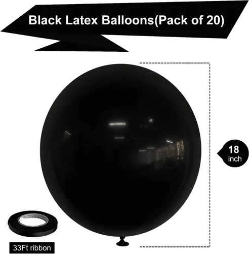 Vista 2 de Globos negros de 18 pulgadas, globos de látex para fiesta, paquete de 20 globos negros grandes y gruesos, globos redondos grandes de helio
