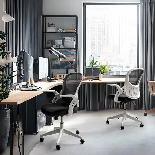 Vista 2 de CAPHAUS Silla de oficina ergonómica abatible, silla de escritorio acolchada de malla transpirable, soporte lumbar, silla giratoria con ruedas