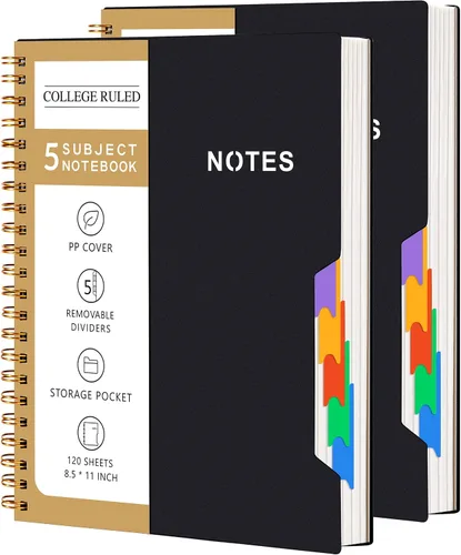 Vista 16 de CAGIE Cuadernos de espiral para trabajo escolar con pestañas divisorias extraíbles, cuaderno de 5 materias de 8.5 x 11 pulgadas, a rayas