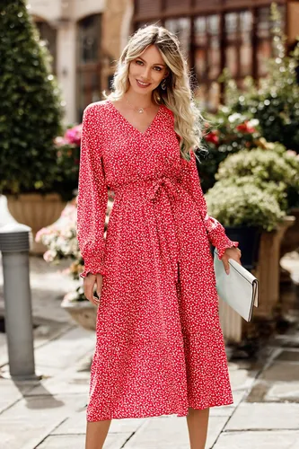 Vista 2 de PrettyGarden Vestido largo bohemio con estampado floral para mujer, manga larga, cuello en V cruzado, volantes, cinturón, acampanado, al tobillo