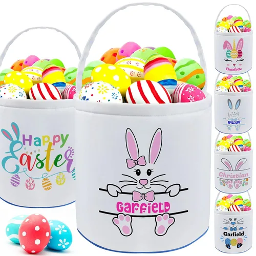 Vista 22 de Cesta de Pascua personalizada con nombre para niñas, niños y niños, cesta de Pascua personalizada bolsas de regalo para caza de huevos de Pascua
