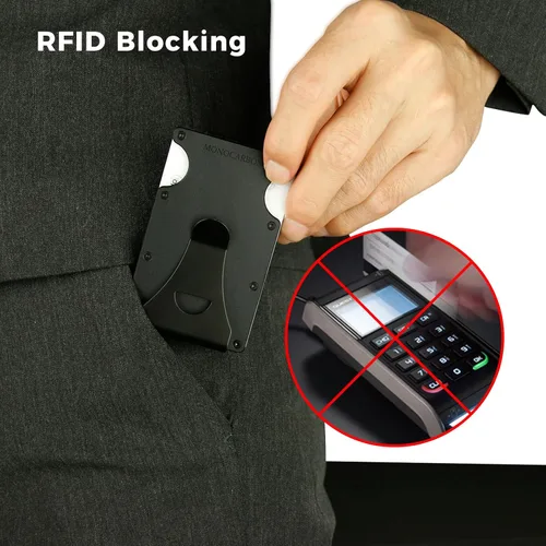 Vista 6 de MONOCARBON Cartera delgada minimalista con bolsillo frontal con bloqueo RFID, clip de dinero para tarjetas de crédito, acero manganeso, Negro
