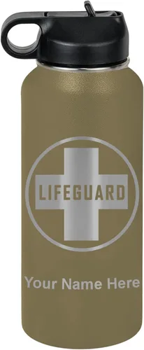 Vista 18 de LaserGram Botella de agua personalizada, salvavidas, acero inoxidable de doble pared aislada al vacío con popote superior, regalo grabado Negro