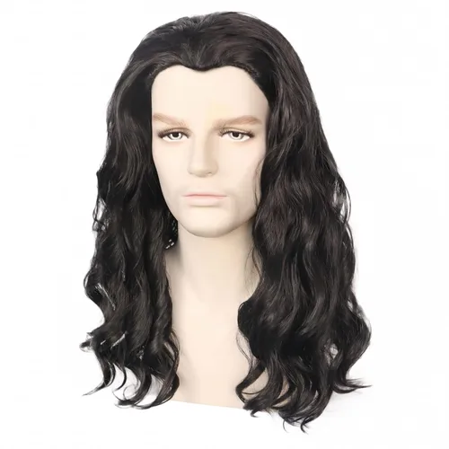 Vista 6 de Peluca negra para hombre, estilo hippie, larga, ondulada, de los Negro
