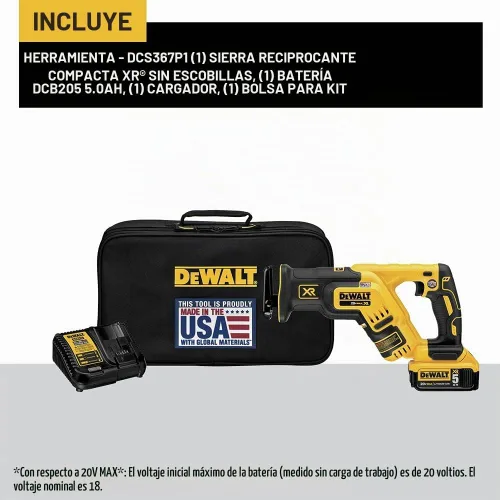 Vista 2 de DEWALT DCS367P1 sierra reciprocante compacta sin escobillas de 20V, Max XR, 5.0 Ah.
