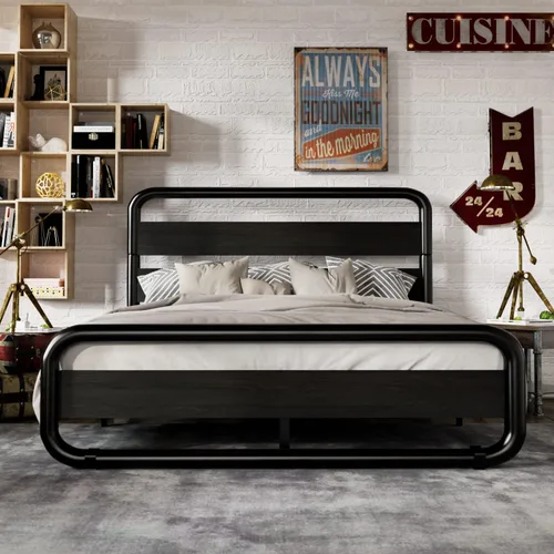 Vista 3 de MUTICOR Base de cama de metal de tamaño matrimonial con cabecero y estribo de madera redondos/curvos, marco de cama de plataforma con almacenamiento