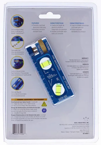 Vista 8 de Nivel Eléctrico IDEAL 35-206 Nivel de Electricista de Aluminio CNC Mecanizado con 2 Viales de Acrílico, Mordaza Magnética, Enrollador de Pulgar, Azul