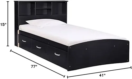 Vista 3 de Pemberly Row Moderna cama de madera tamaño individual con cajones, acabado negro, madera fabricada, cabecera de estantería, resistente a