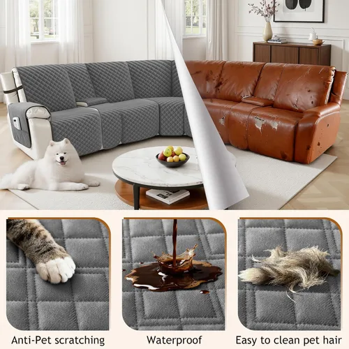 Vista 6 de Arfntevss - Fundas impermeables para sofá seccional reclinable, juego de fundas antideslizantes lavables en forma de L para sofá reclinable, Gris
