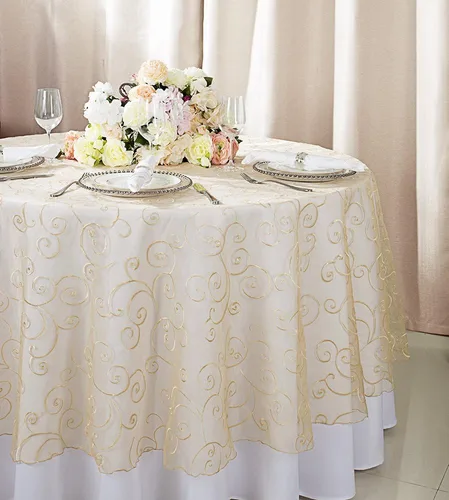 Vista 18 de Manteles de organza bordados redondos de 90 pulgadas, manteles de organza para bodas, fiestas, banquetes, eventos, color verde manzana