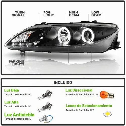 Vista 2 de ACANII - Para [modelo halógeno solamente] 2003-2006 Mazda 6 LED Halo DRL carcasa negra proyector faros delanteros izquierdo+derecho