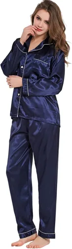 Vista 2 de Conjunto de pijama de seda para mujer, conjunto de pijama de manga larga de dos piezas, conjunto de pijama con botones, ropa de dormir