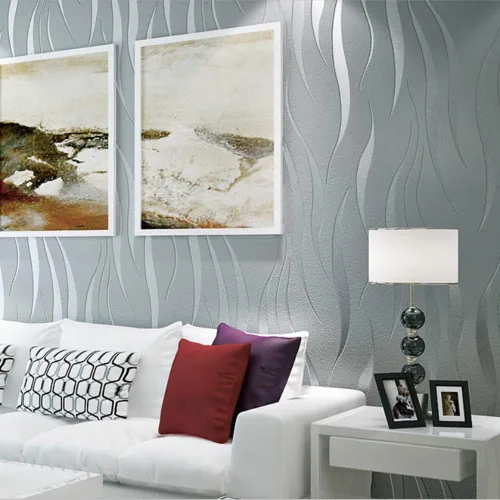Vista 2 de Papel pintado no tejido de moda simple 3D en relieve tridimensional flocado rayas de ondas espumosas dormitorio sala de estar TV fondo pared