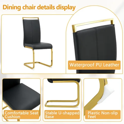 Vista 5 de Juego de mesa de comedor blanca para 6, 71 pulgadas, juego de mesa de comedor de mármol sintético para 6 Modern Dining Table Set for 6, Black PU