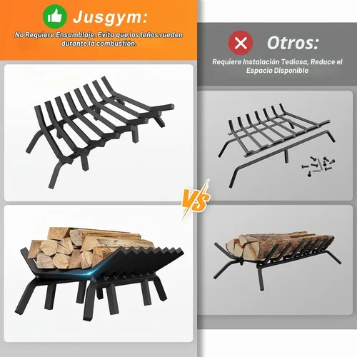 Vista 6 de Jusgym Rejilla de Chimenea de 30 Pulgadas con 8 Patas de Soporte, Soporte de Troncos de Chimenea de Acero Sólido y Resistente con Pinzas