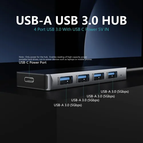 Vista 2 de Concentrador USB 3.0, 4 puertos con puerto de alimentación USB-C, concentrador de datos de alta velocidad y extensor para laptop, computadora