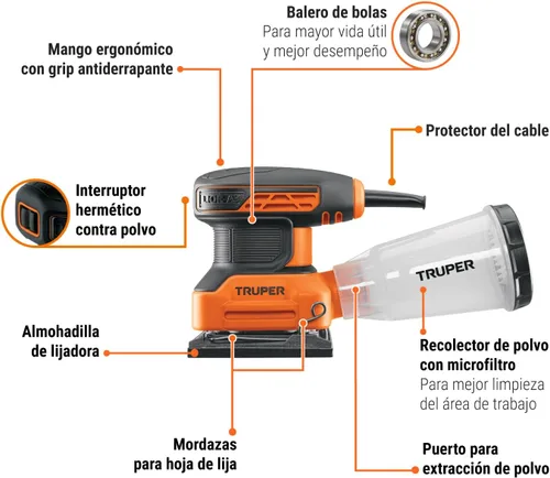Vista 5 de Truper LIOR-1/4A3, Lijadora Orbital 1/4 Hoja 240 W Profesional