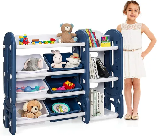 Vista 8 de HONEY JOY Organizador de almacenamiento de juguetes para niños de 4 niveles con 6 contenedores, unidad de almacenamiento de juguetes 2 en 1