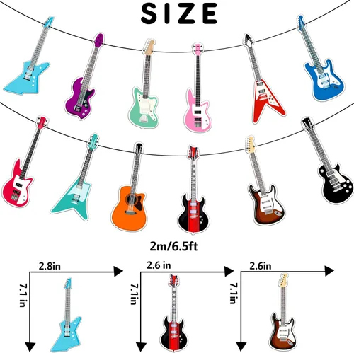 Vista 2 de Cartel de feliz cumpleaños de guitarra, decoración geométrica multicolor para fiestas temáticas de música para niños y niñas, 5 x 78 pulgadas