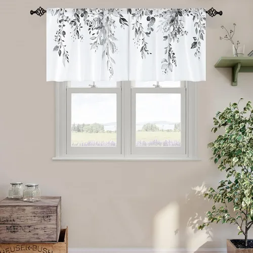 Vista 2 de Cortina de eucalipto negro y gris, cenefa para tratamiento de ventana, estilo bohemio, rústico, floral, bolsillo para barra, cortinas de ventana