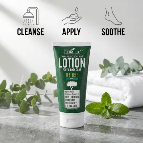 Vista 5 de TheraTree - Loción de aceite de árbol de té con aceite de neem para pies y cuerpo, hidratante calmante con aloe vera, avena coloidal y mentol