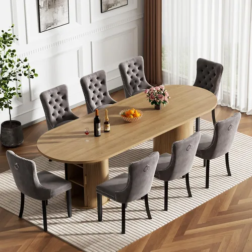 Vista 17 de Mesa de comedor redonda extensible con base de almacenamiento, mesa de comedor expandible natural de 63 a 94 pulgadas para 10 personas, mesa