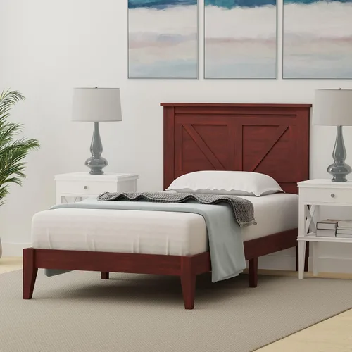 Vista 3 de Glenwillow Home Cama de plataforma de madera maciza estilo granja en tamaño individual, color cereza clásica