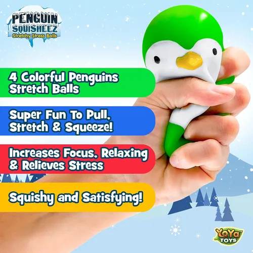 Vista 3 de YoYa Toys Penguin Squisheez - Pelotas blandas para aliviar el estrés (juego de 4) Juguetes elásticos en forma de animales para niños, niñas