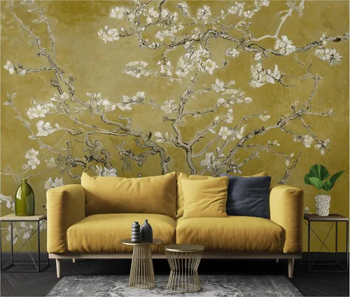 Vista 9 de Papel pintado de flor de almendra acuarela floral mural de pared (ESTILO 1)
