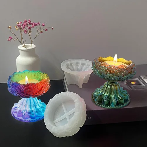 Vista 5 de 2 juegos de moldes de resina para candelita de té, candelabros de luz de té de loto, moldes de silicona para resina, candelabro votivo de flores