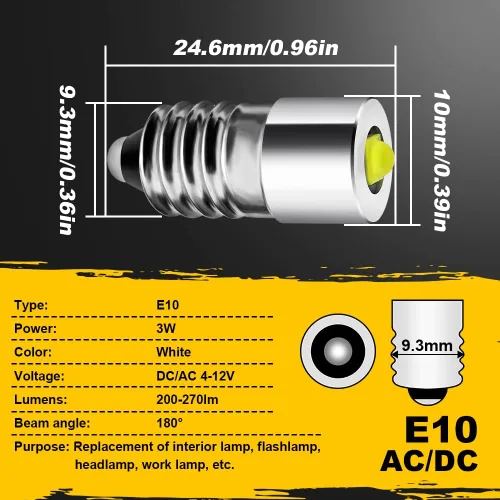 Vista 7 de Bombilla LED E10 actualizada, 3 W AC/DC 6-30 V, kit de conversión de bombilla LED para linterna, linterna de bicicleta, luz de trabajo, bombillas