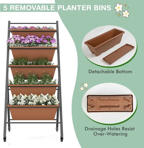 Vista 4 de Safstar - Macetero vertical de 5 niveles, cama de jardín elevada con 2 ruedas con bloqueo, 5 jardineras extraíbles, marco de metal, caja