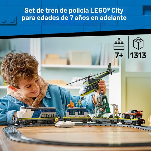 Vista 2 de LEGO City Police Train Heist - Juego de tren con juguete de coche de policía para niños y niñas, a partir de 7 años, juego de simulación para niños