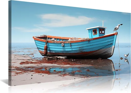 Vista 20 de Arte de pared costero de playa, arte en lienzo de barco azul, imágenes de gaviota, paisaje marino, impresiones de pintura de paisajes marinos, obras