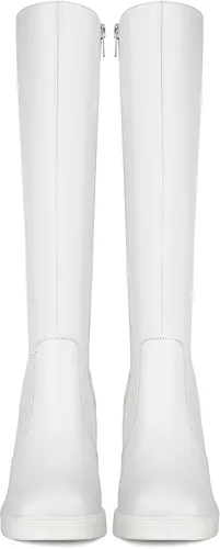 Vista 4 de SOVANYOU Botas de cuero negro con plataforma para mujer, botas de tacón grueso con punta cuadrada