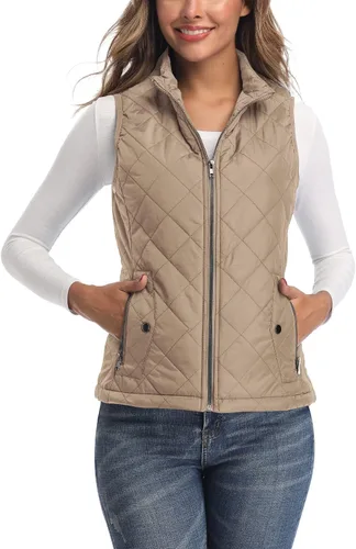 Vista 21 de LONGKING Chaleco de mujer, cuello alto, ligero, con cremallera, acolchado para mujer Rosa albaricoque