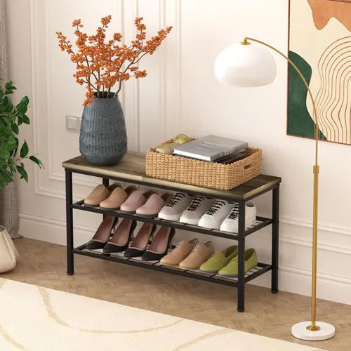 Vista 6 de Zapatero de metal de 3 niveles con parte superior de madera, organizador de zapatos duradero y que ahorra espacio, organizador de zapatos Gris +