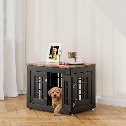 Vista 24 de Snuowu Mueble de jaula de perro resistente de 26 pulgadas para perros pequeños, medianos y grandes, jaula rústica de madera para perros, muebles
