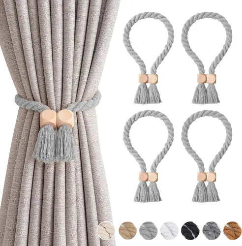 Vista 38 de NICEEC 2 Pack de Alzapaños Magnéticos de Madera en Forma de Cubo Boho para Decoración del Hogar, Alzapaños de Lino Tejidos a Mano para Cortinas Beige