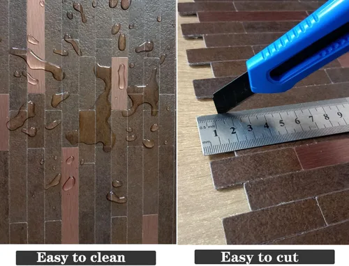 Vista 2 de 10 piezas de azulejos de piedra y textura de madera para salpicaduras, calcomanías de pared de metal de PVC, paneles de pared decorativos